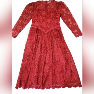 Vintage 80s Courtenay Red Lace Midi Dress Romantic Goth Long Sleeve Size 10